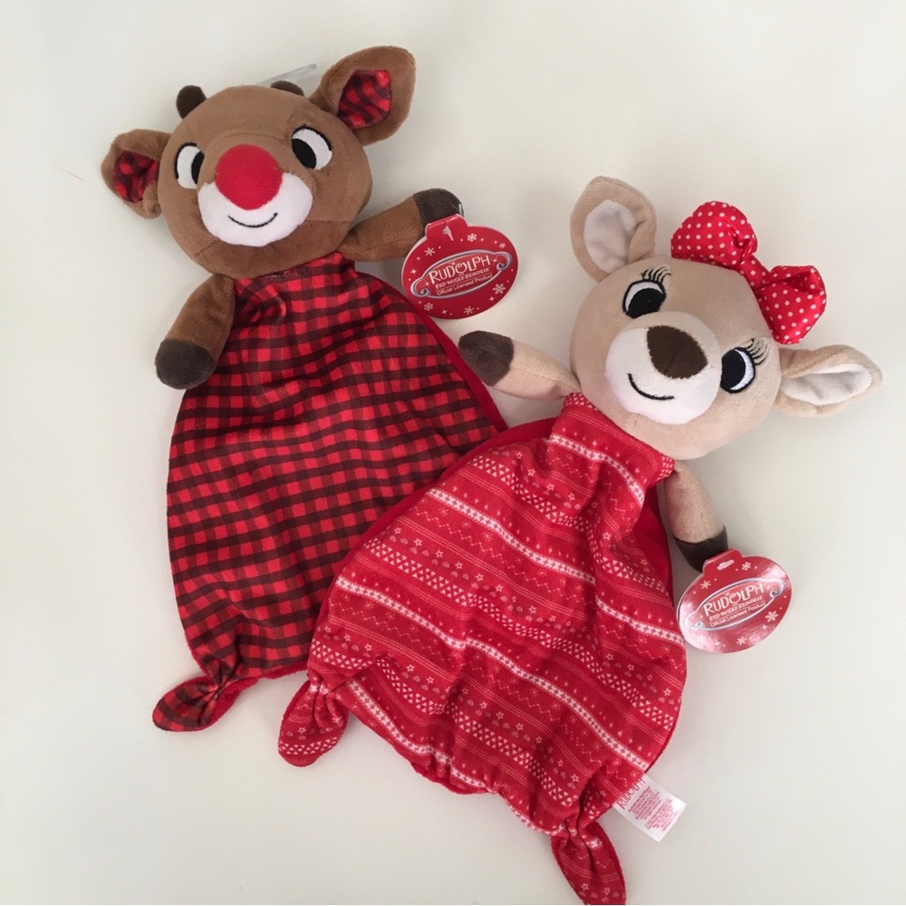 NEW Rudolph the Red Nose Reindeer Lovey Set 2 Soft Cuddle Toys Holiday Baby Gift